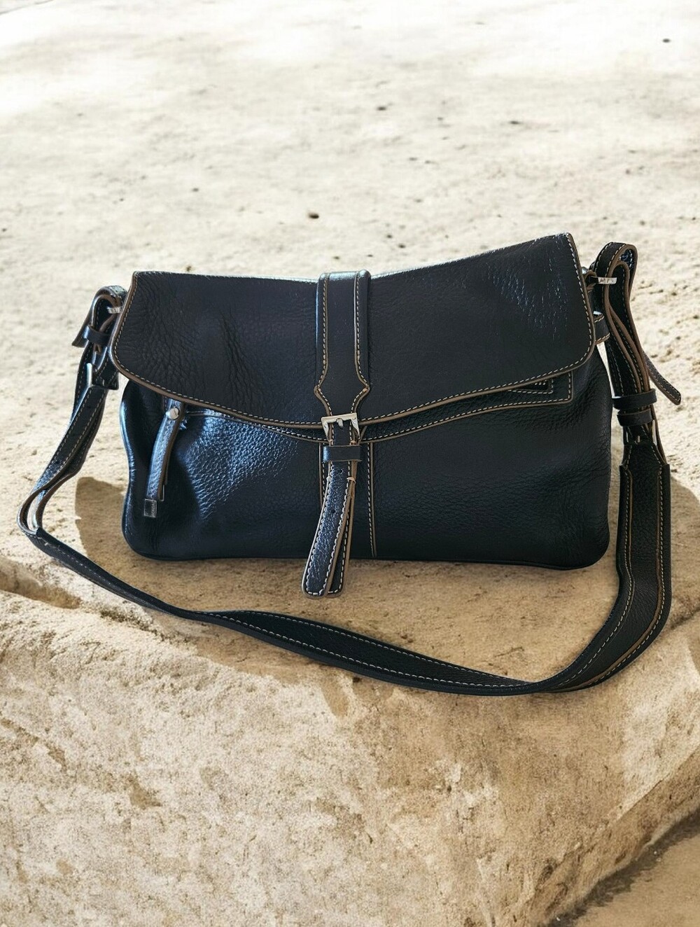 Monsac Classic Black Pebble Leather Shoulder Bag